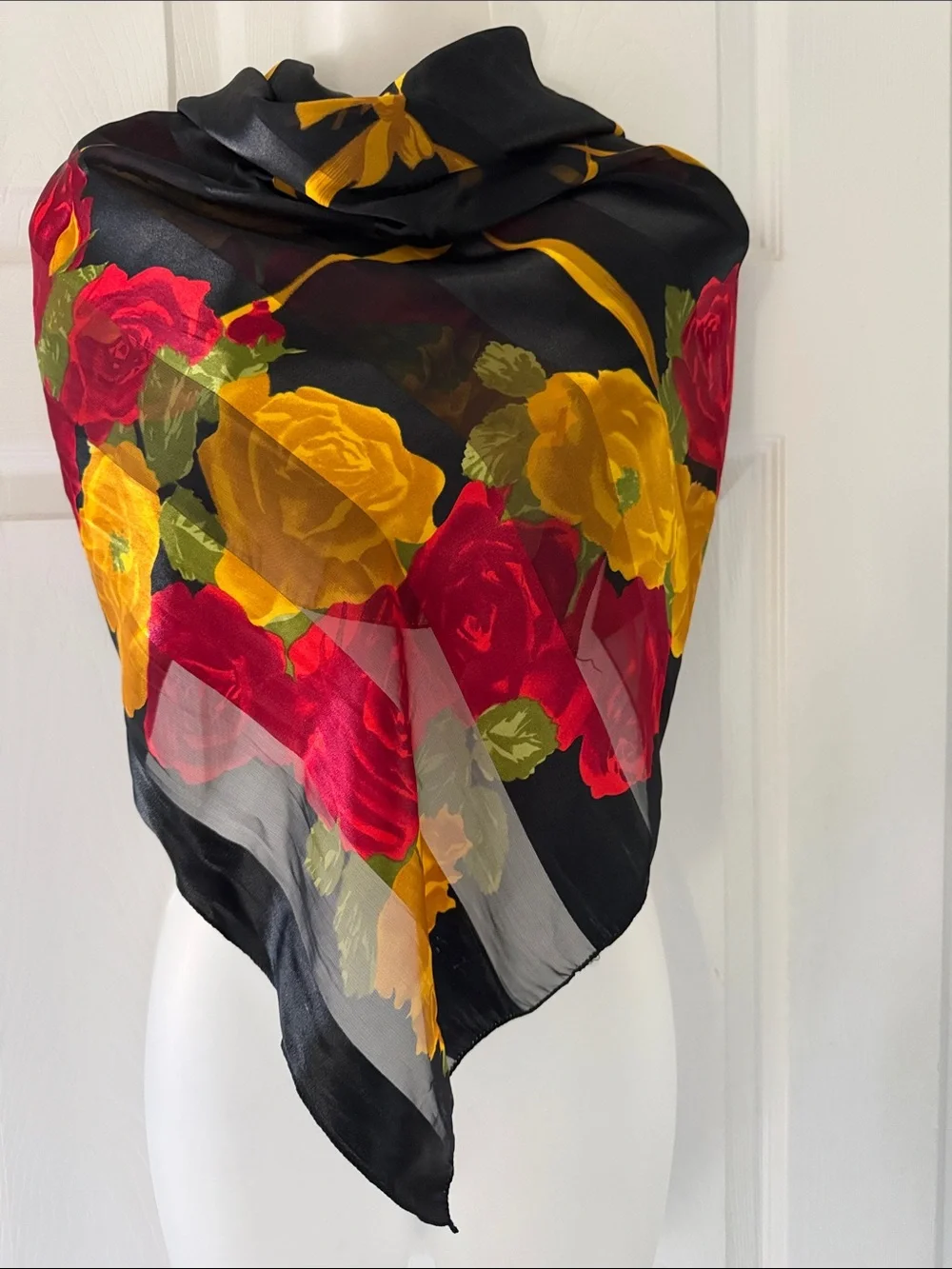 Vintage Floral Square Scarf Black Red Yellow Rose Print Sheer Stripe